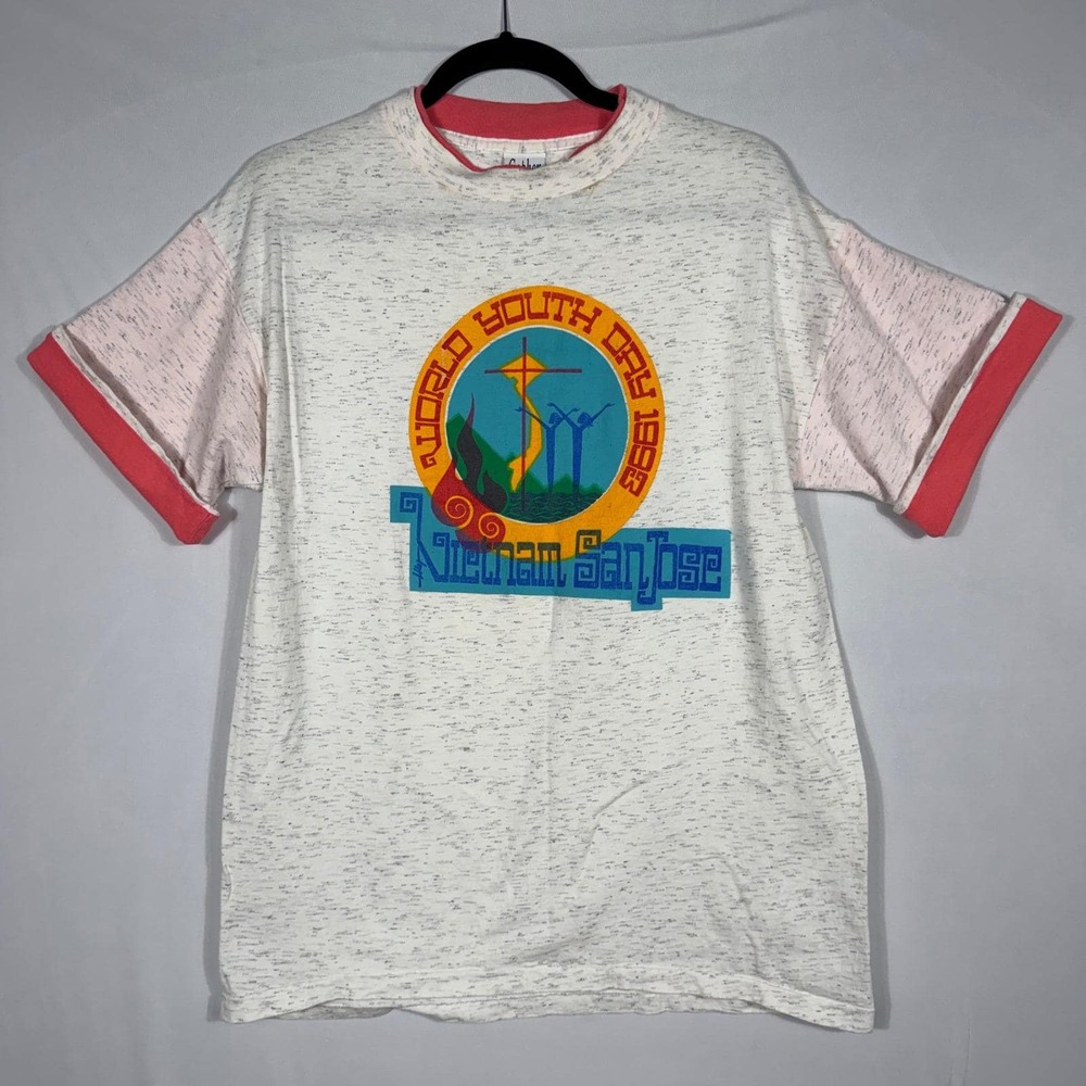 Vintage 1993 World Youth Day Vietnam San Jose Gopher Sport T-Shirt Grey‎ Pink Lg